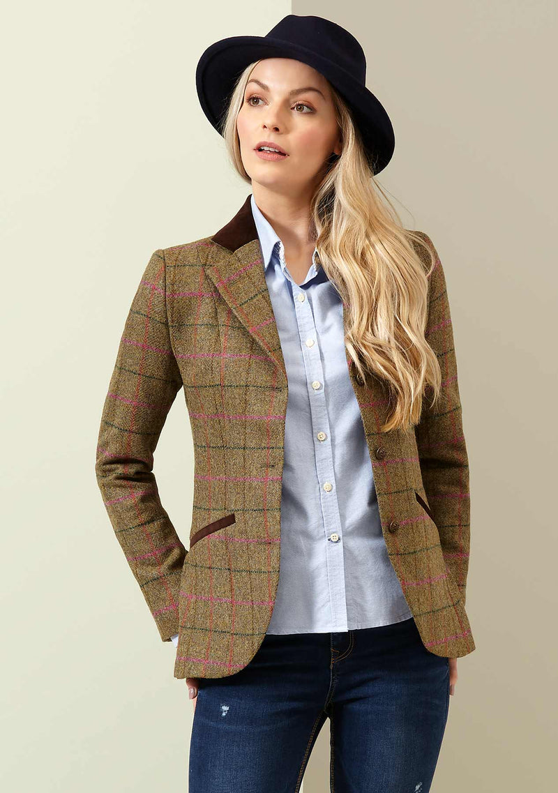 Louise Ladies Yorkshire Tweed Jacket - Pink Check Bucktrout Tailoring Louise Ladies Yorkshire Tweed Jacket - Pink Check Bucktrout Tailoring